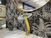 Waterfall Collection '23 - Zlatá páková baterie k umyvadlu na desku - bílé sklo