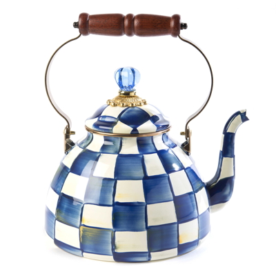 Modrá smaltovaná konvice na čaj Mackenzie-Childs 2,83L - ROYAL CHECK kolekce