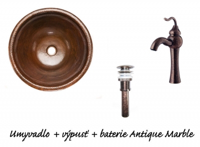 Rounded Self Rimming Hammered Copper Sink with Antique Marble Faucet